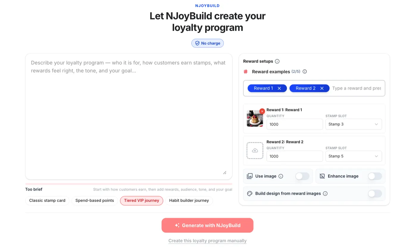 NJoyBuild interface for describing and generating a loyalty programme with reward settings